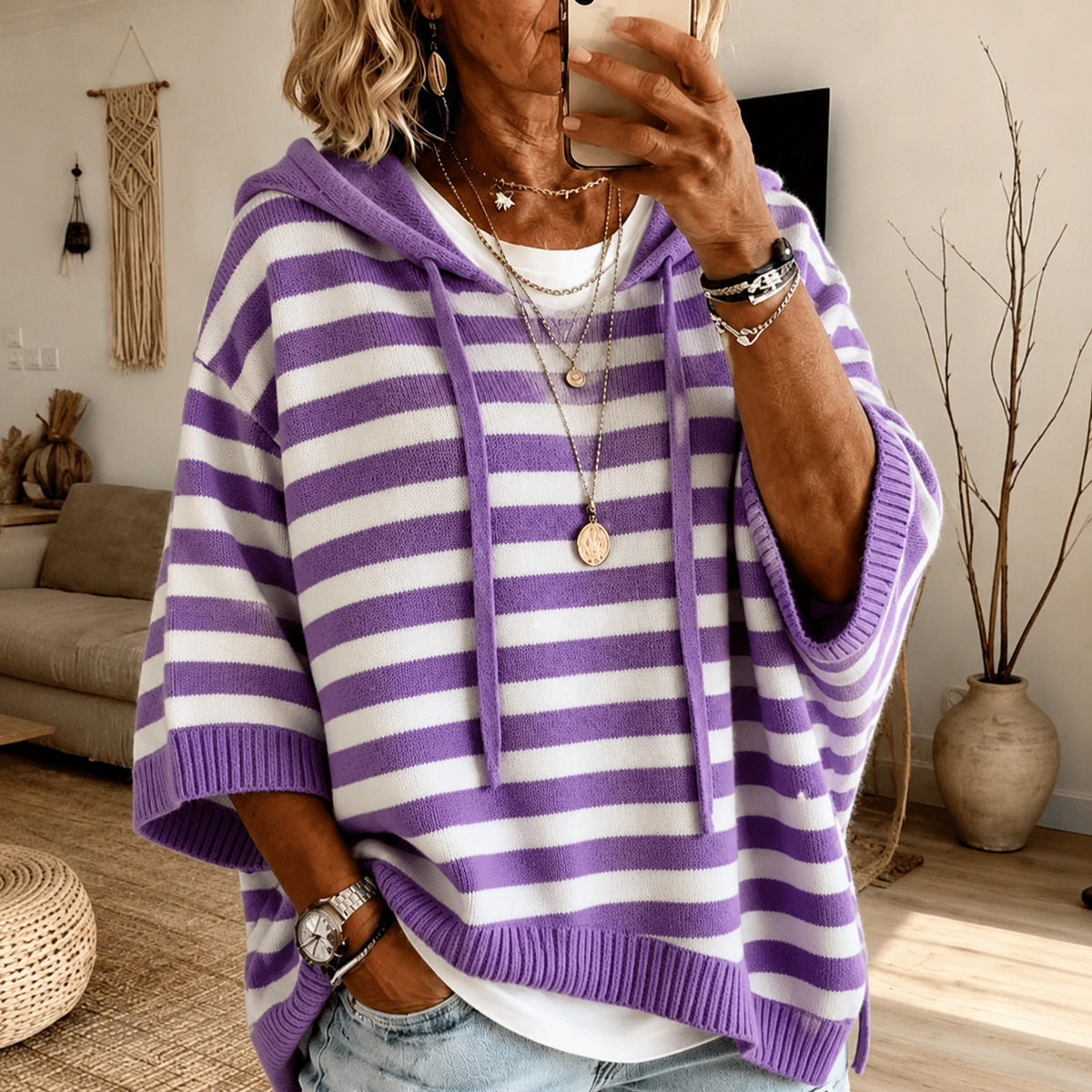 Amalia | Jersey Poncho de Rayas Morado