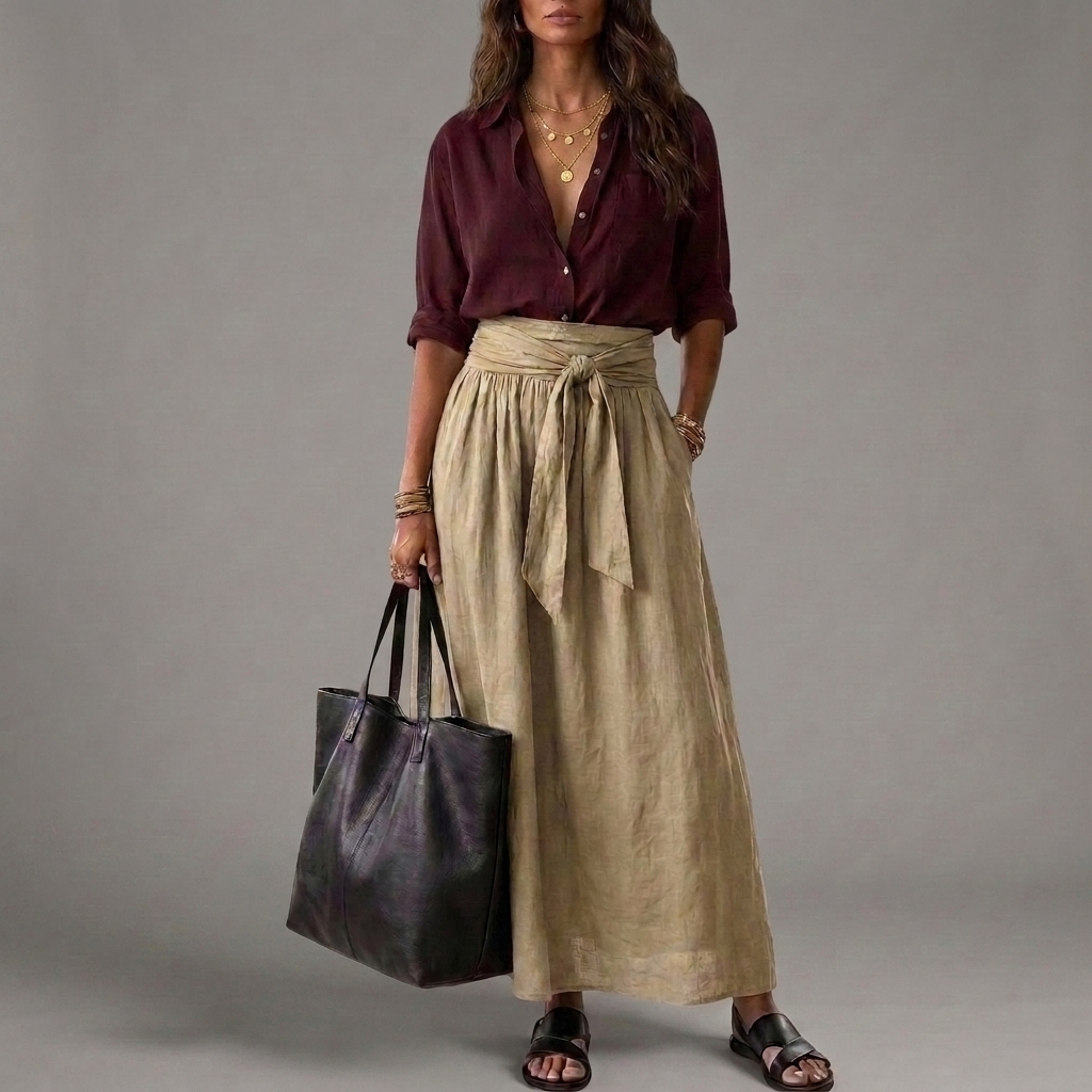 Sahara | Conjunto de Dos Piezas: Blusa Negra y Falda Midi Verde Oliva