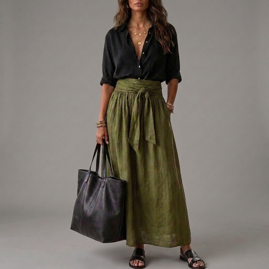 Sahara | Conjunto de Dos Piezas: Blusa Negra y Falda Midi Verde Oliva