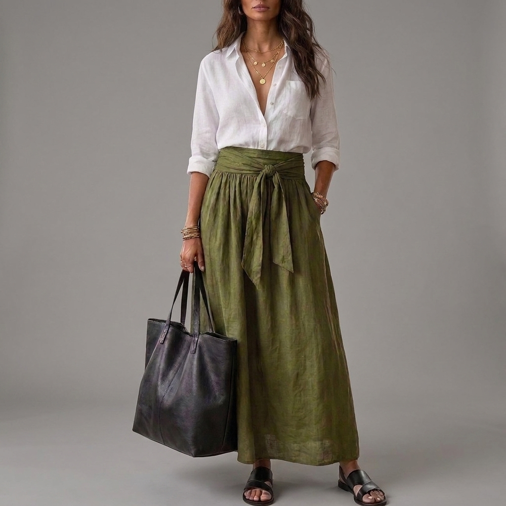 Sahara | Conjunto de Dos Piezas: Blusa Negra y Falda Midi Verde Oliva