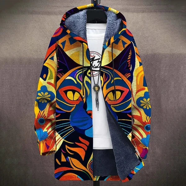 Teresa | Chaqueta Larga Forrada con Estampado de Gatos