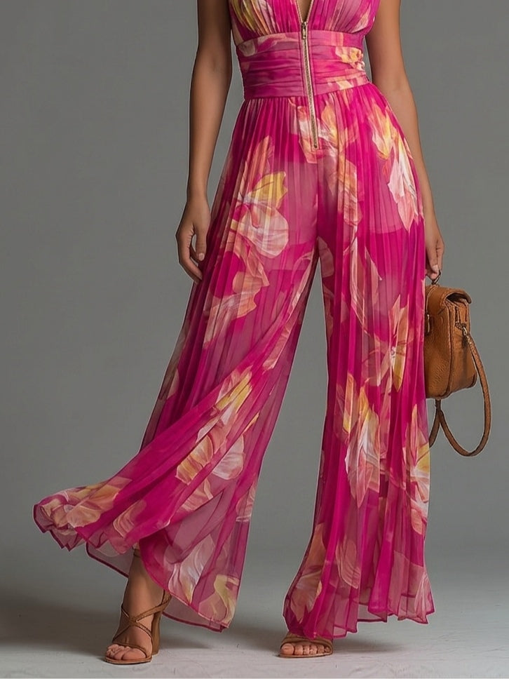 Serafina | Mono de Gasa Plisada con Estampado Floral Fucsia
