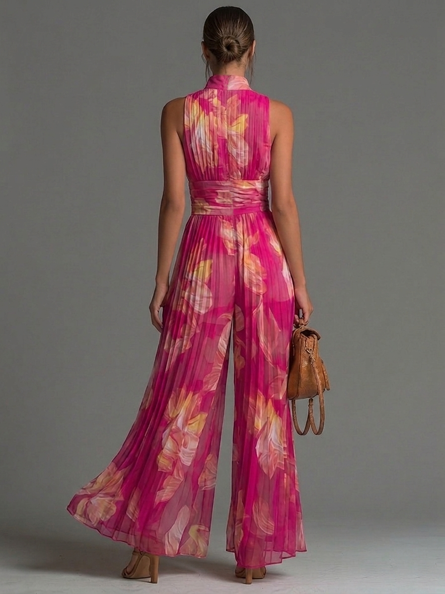 Serafina | Mono de Gasa Plisada con Estampado Floral Fucsia