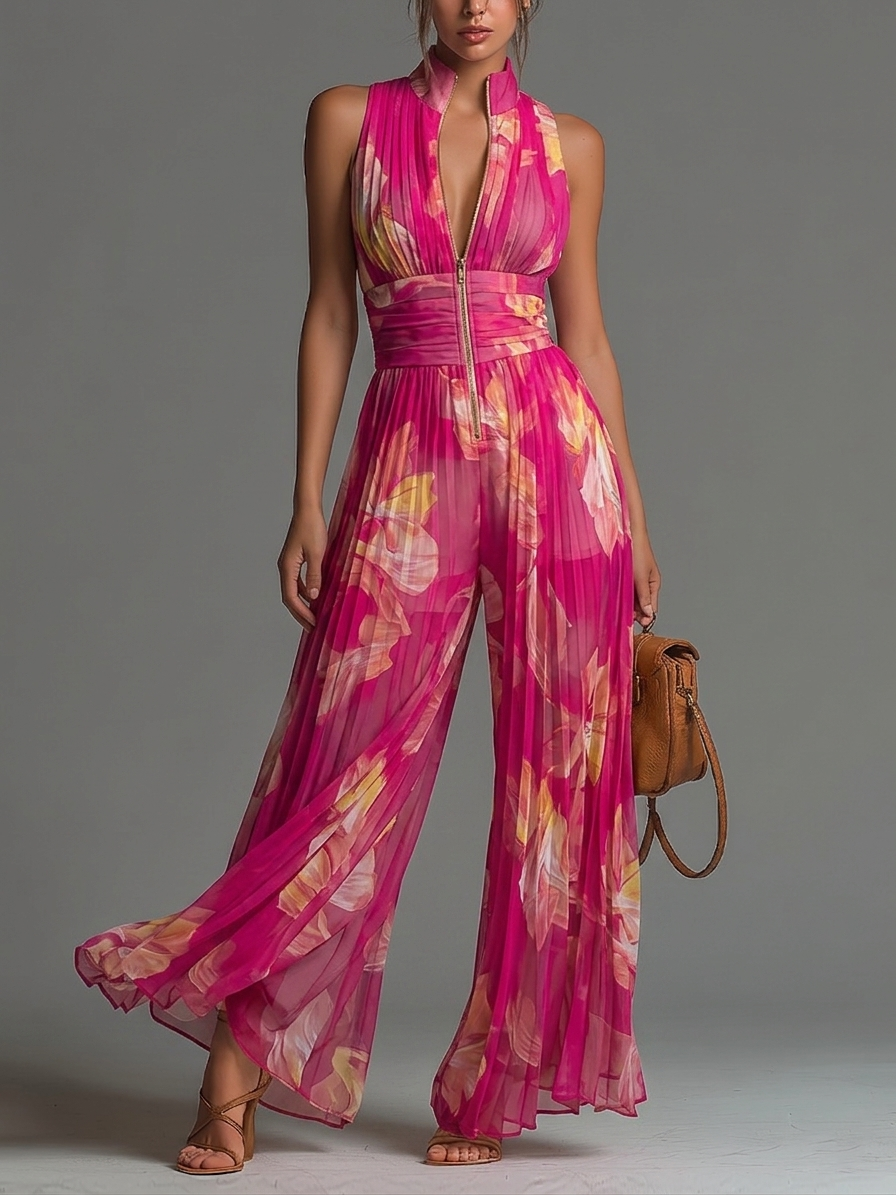 Serafina | Mono de Gasa Plisada con Estampado Floral Fucsia