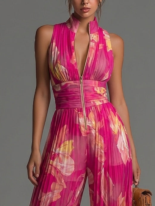 Serafina | Mono de Gasa Plisada con Estampado Floral Fucsia