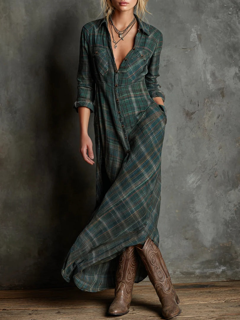 María José | Vestido Largo de Cuadros con Escote en V