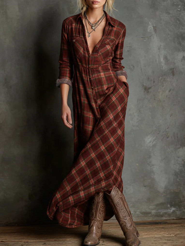 María José | Vestido Largo de Cuadros con Escote en V