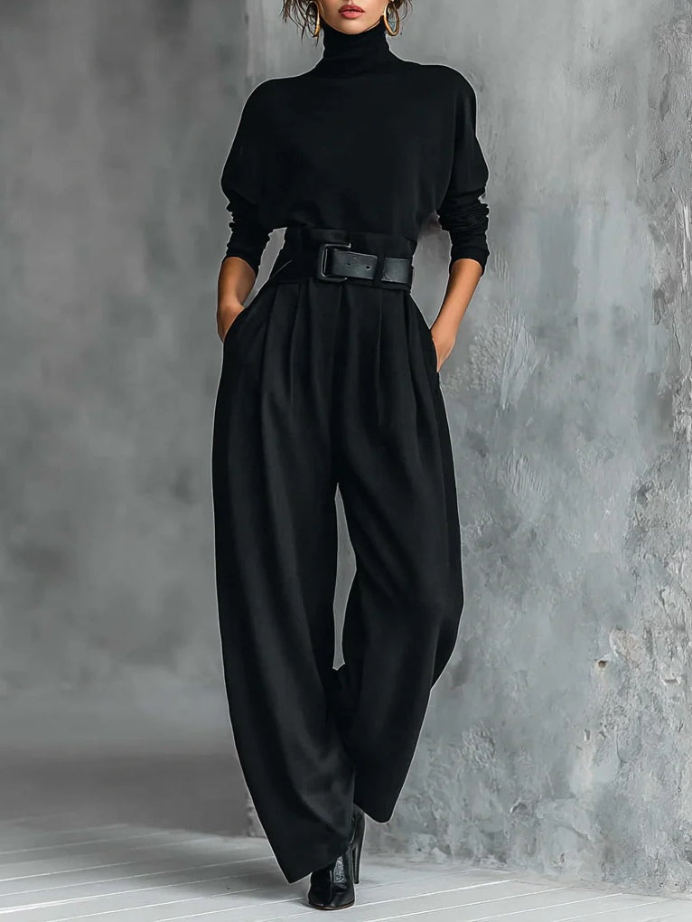 Adoración | Conjunto Negro de Top de Cuello Alto y Pantalón Ancho