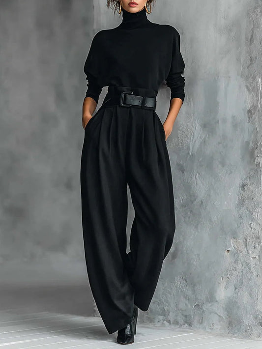 Adoración | Conjunto Negro de Top de Cuello Alto y Pantalón Ancho
