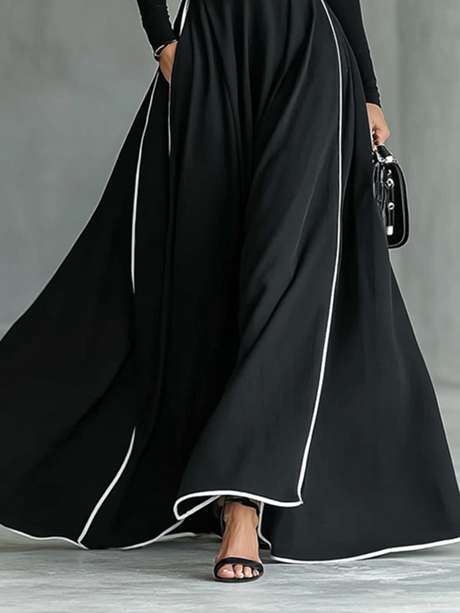 Francisca | Vestido Largo de Cuello Alto con Pespuntes Blancos