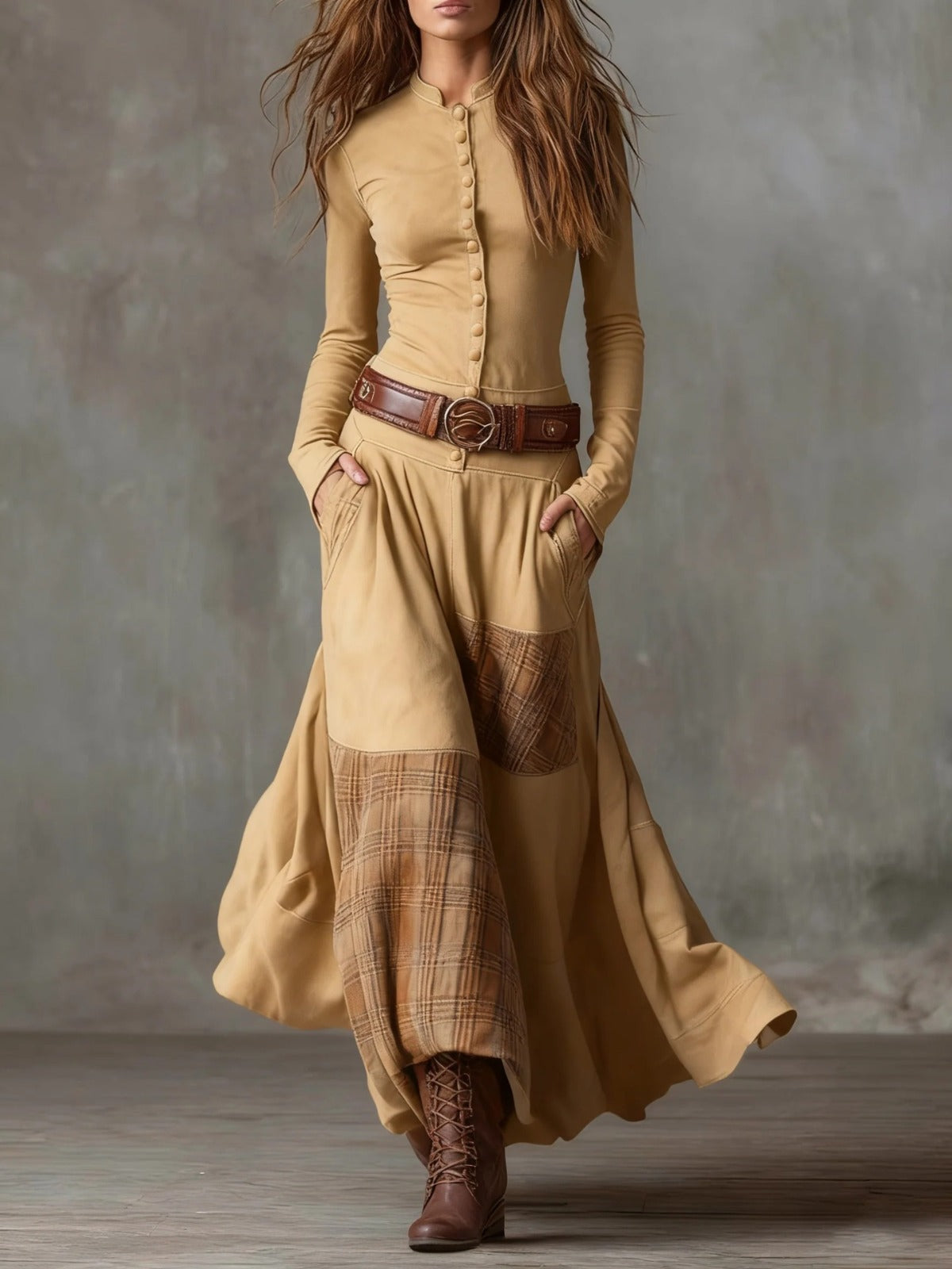 Sonsoles | Vestido Largo Boho Efecto Ante con Cinturón