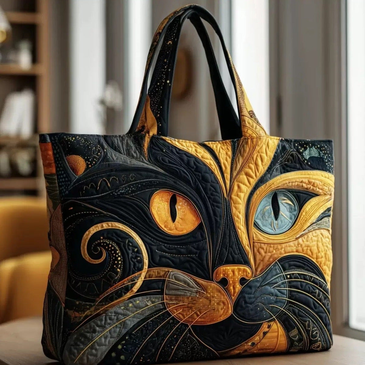 Bolso tote acolchado con gato negro místico