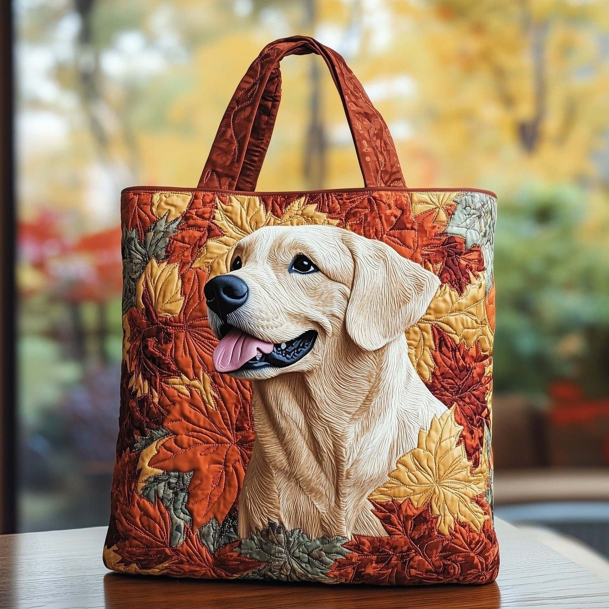 Bolso tote acolchado con labrador y hojas de otoño