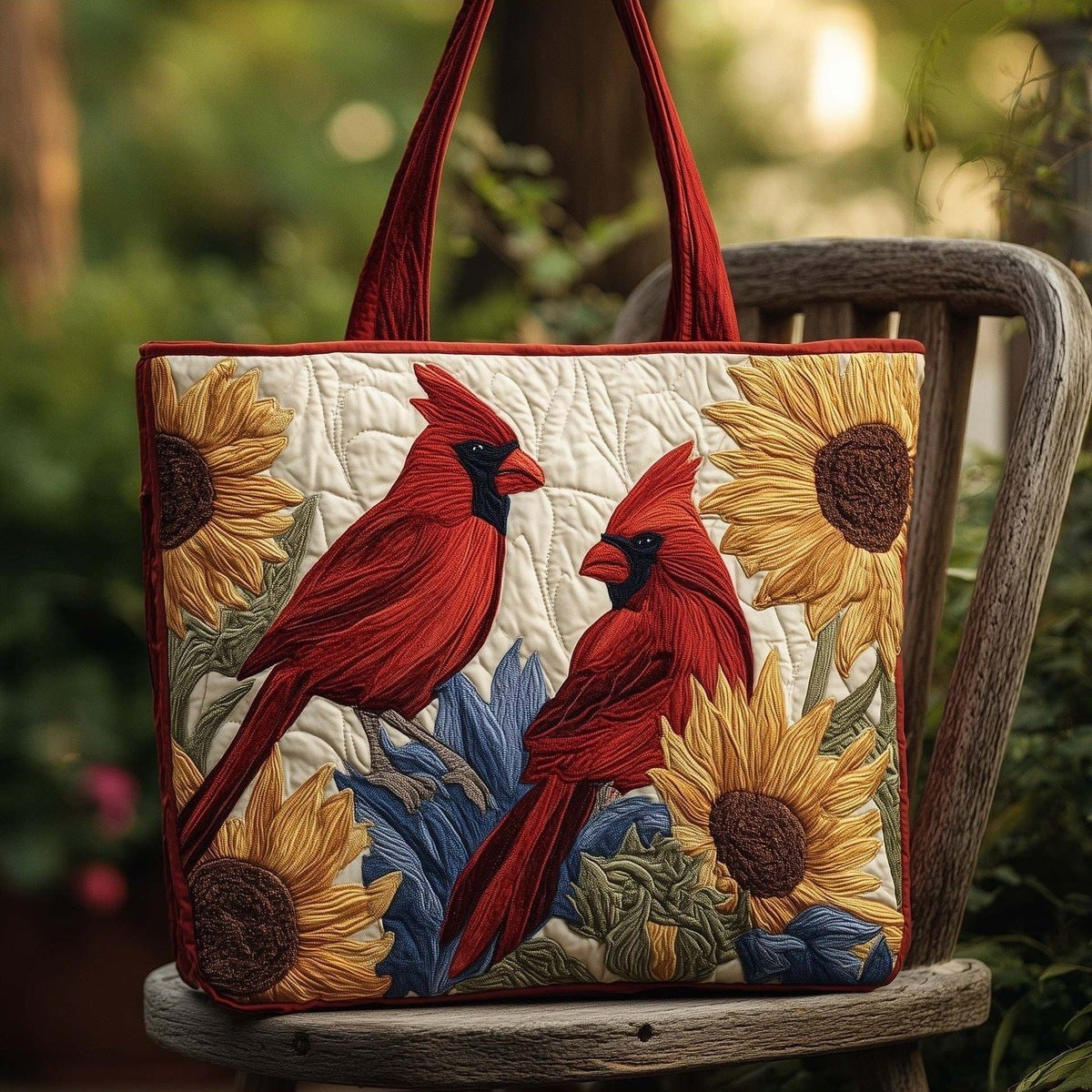 Bolso tote acolchado con pájaros rojos y girasoles