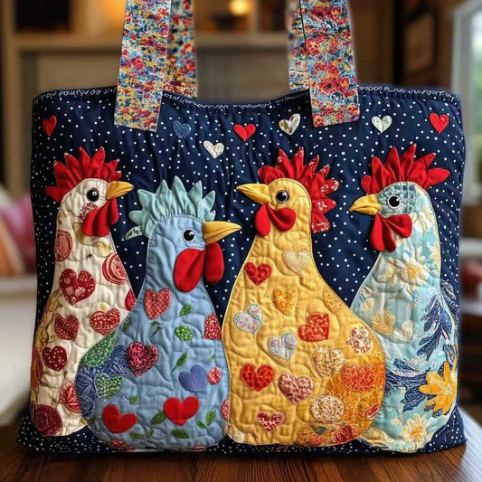 Bolso tote acolchado con gallinas y corazones en azul marino