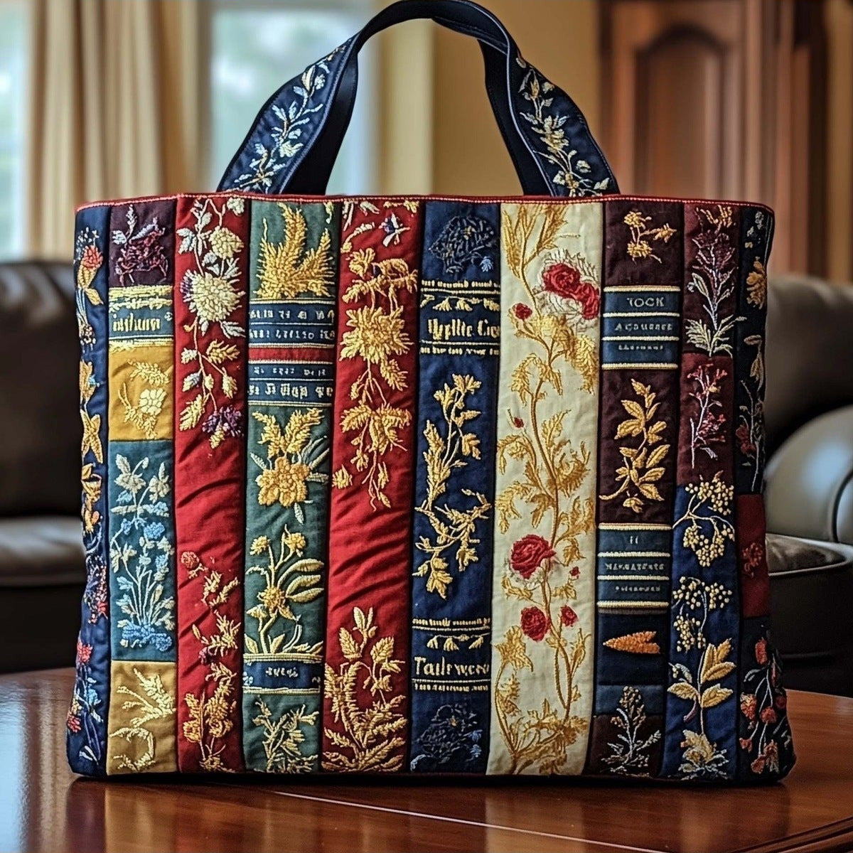 Bolso tote acolchado con libros y flores en verde salvia