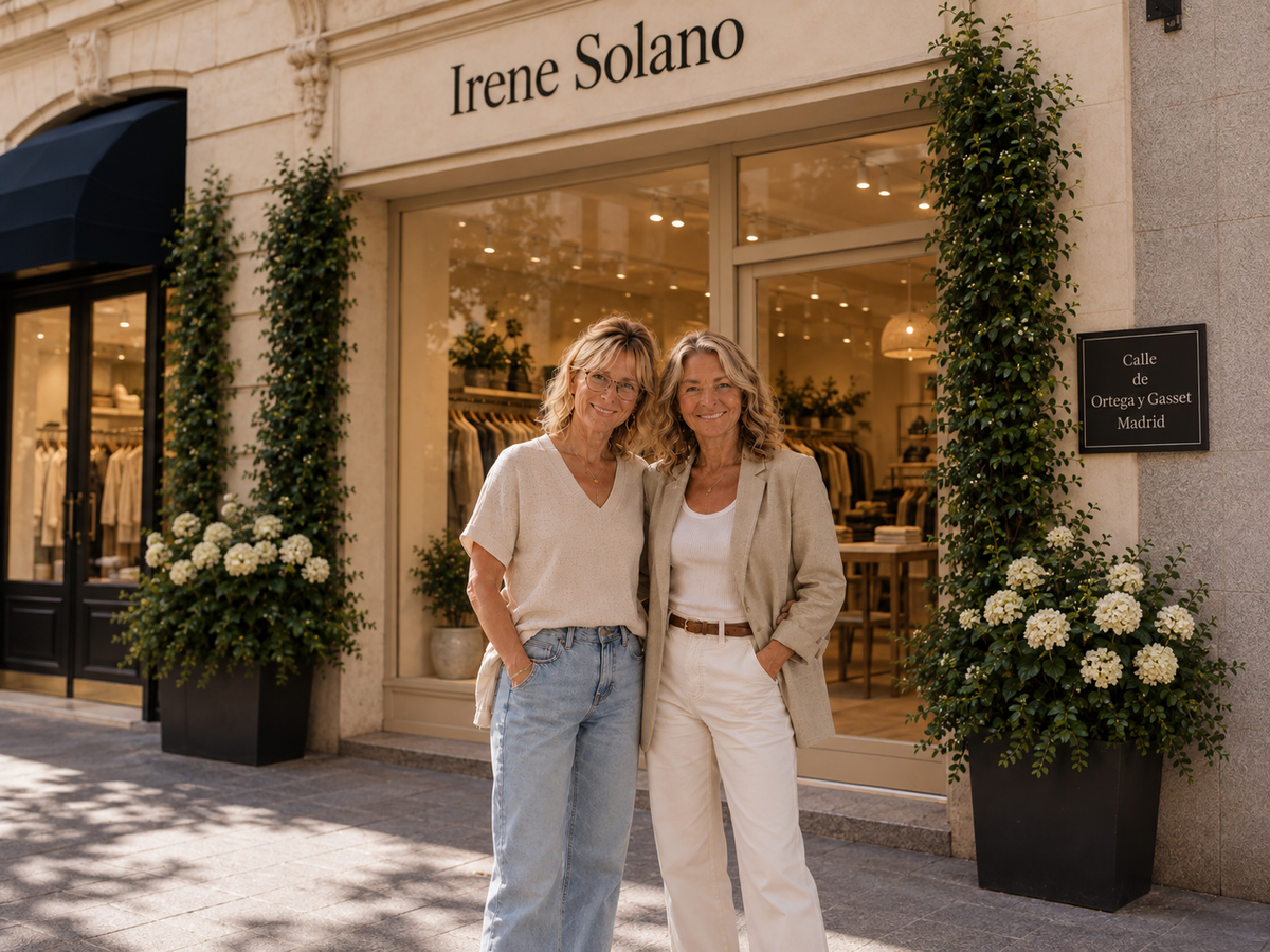 Las dos hermanas frente a la tienda Irene Solano en Madrid
