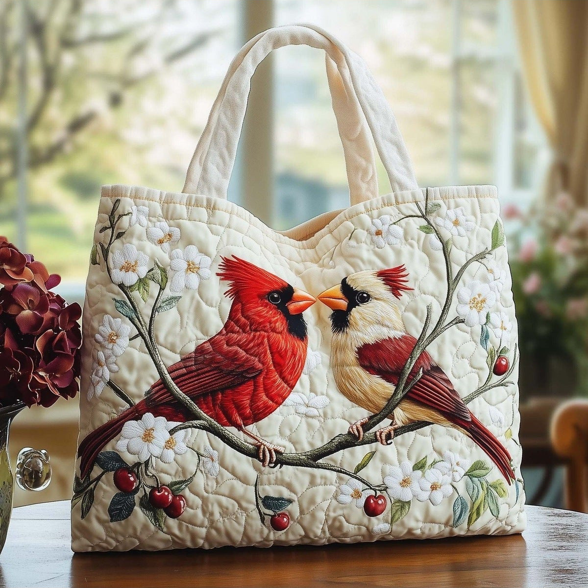 Bolso tote acolchado con pájaros y flor de cerezo