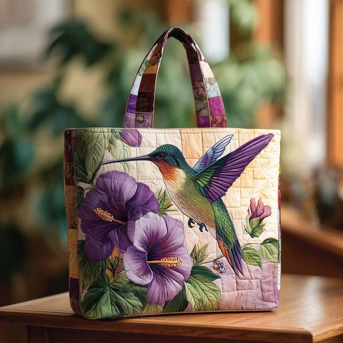 Bolso tote acolchado con colibríes e hibiscos morados