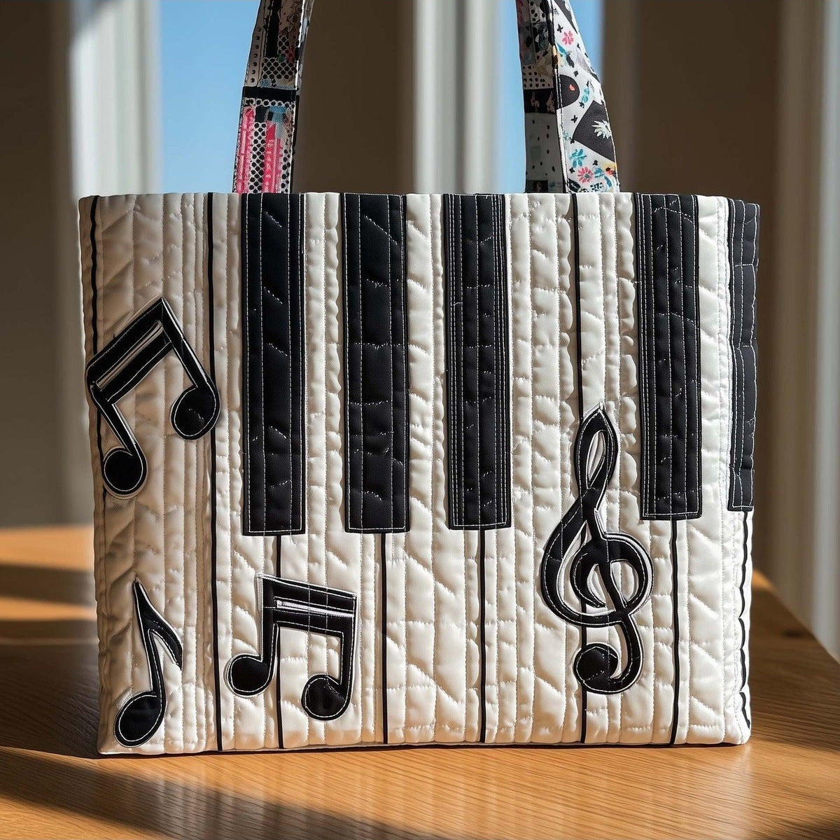 Bolso tote acolchado con piano y notas musicales