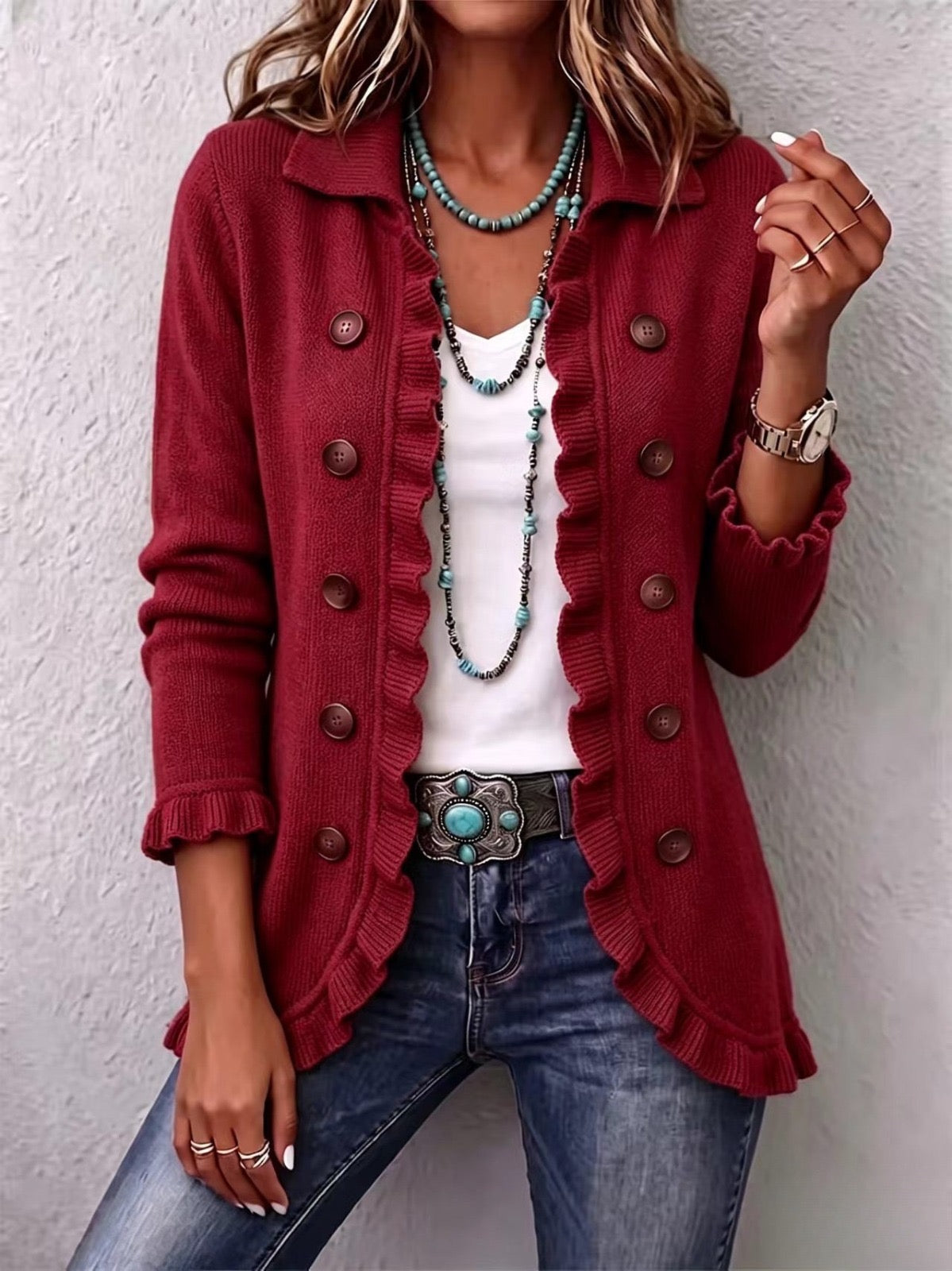 Dolores | Chaqueta de Punto Rojo Rubí con Volantes