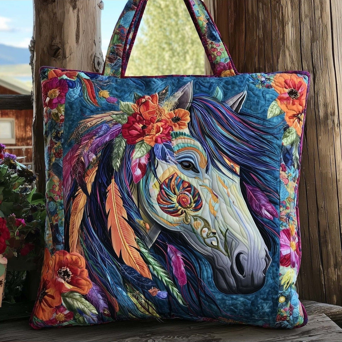 Bolso tote acolchado con caballo boho y plumas