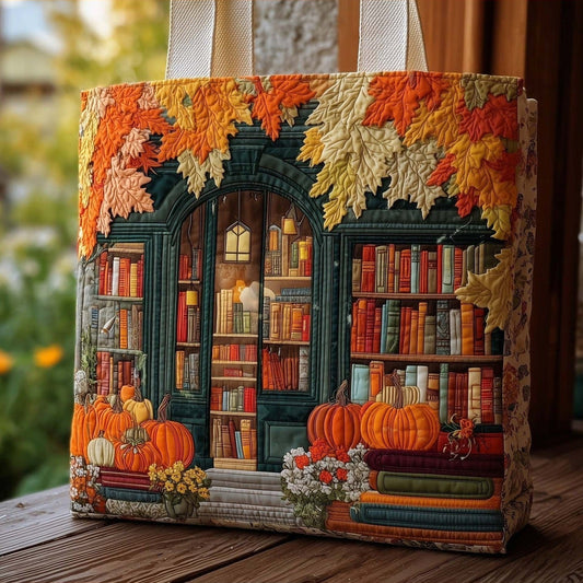 Bolso tote acolchado con librería de otoño y calabazas