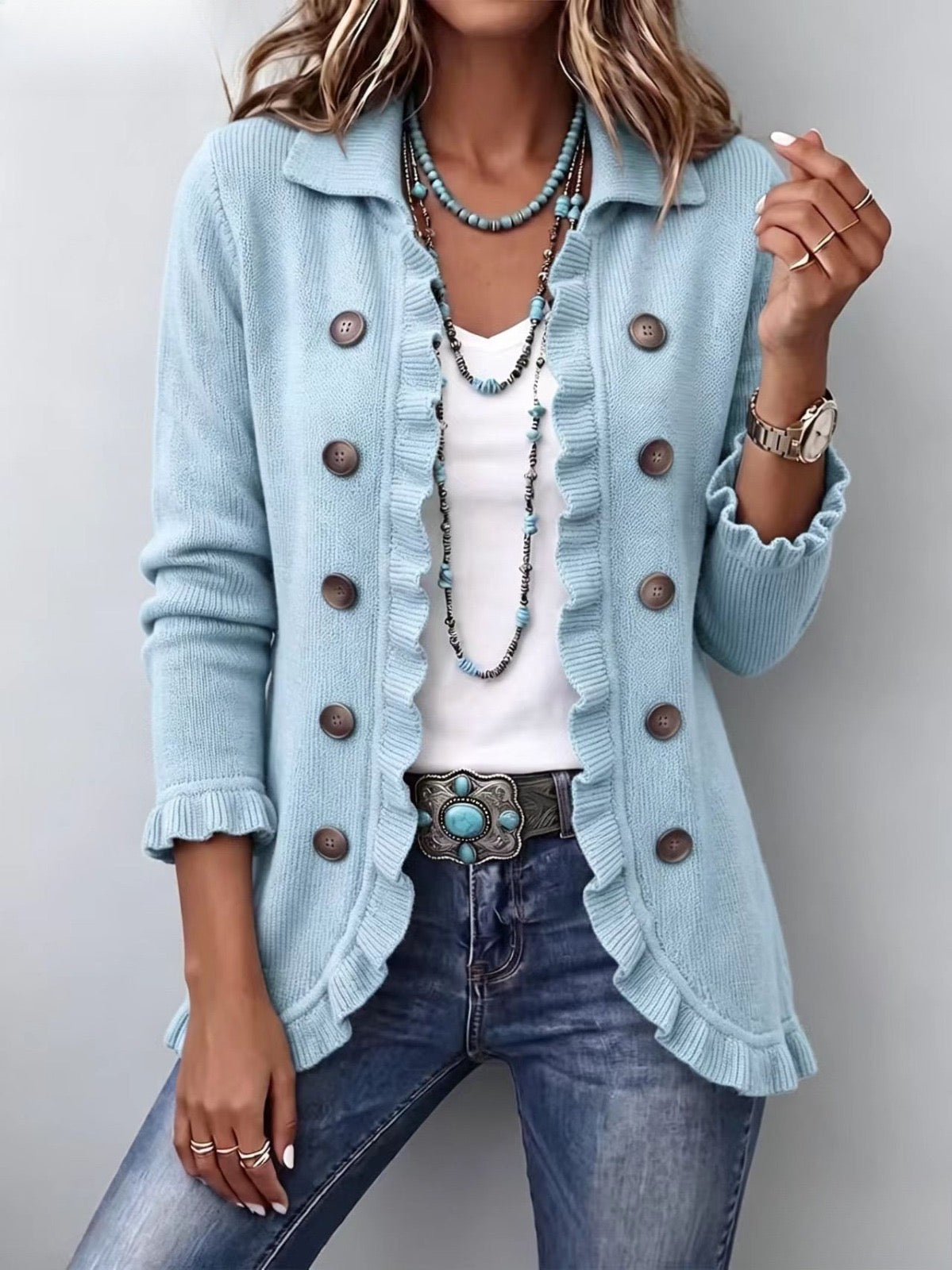 Sagrario | Chaqueta de Punto Azul Empolvado con Volantes