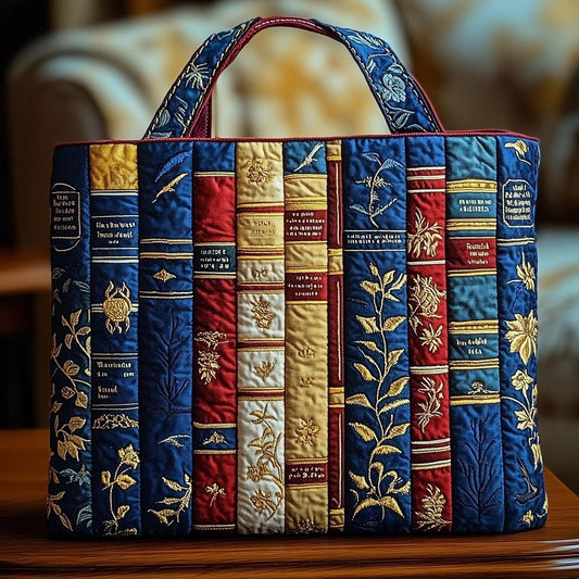 Bolso tote acolchado con libros y flores en azul marino