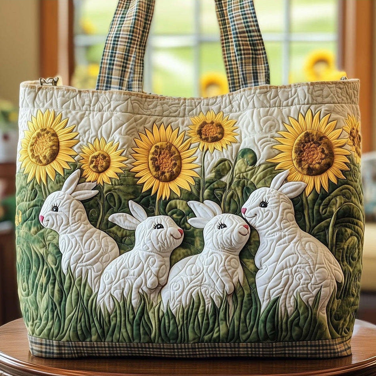 Bolso tote acolchado con conejitos y girasoles