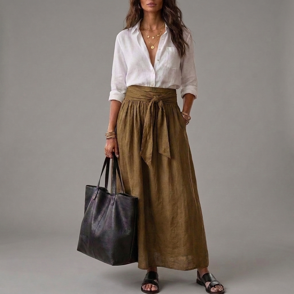 Sahara | Conjunto de Dos Piezas: Blusa Negra y Falda Midi Verde Oliva