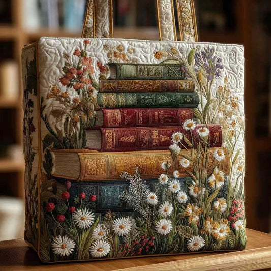 Bolso tote acolchado con libros y margaritas