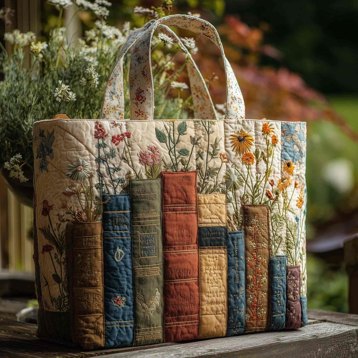 Jocosa™ | Bolso Tote Acolchado Libros y Flores