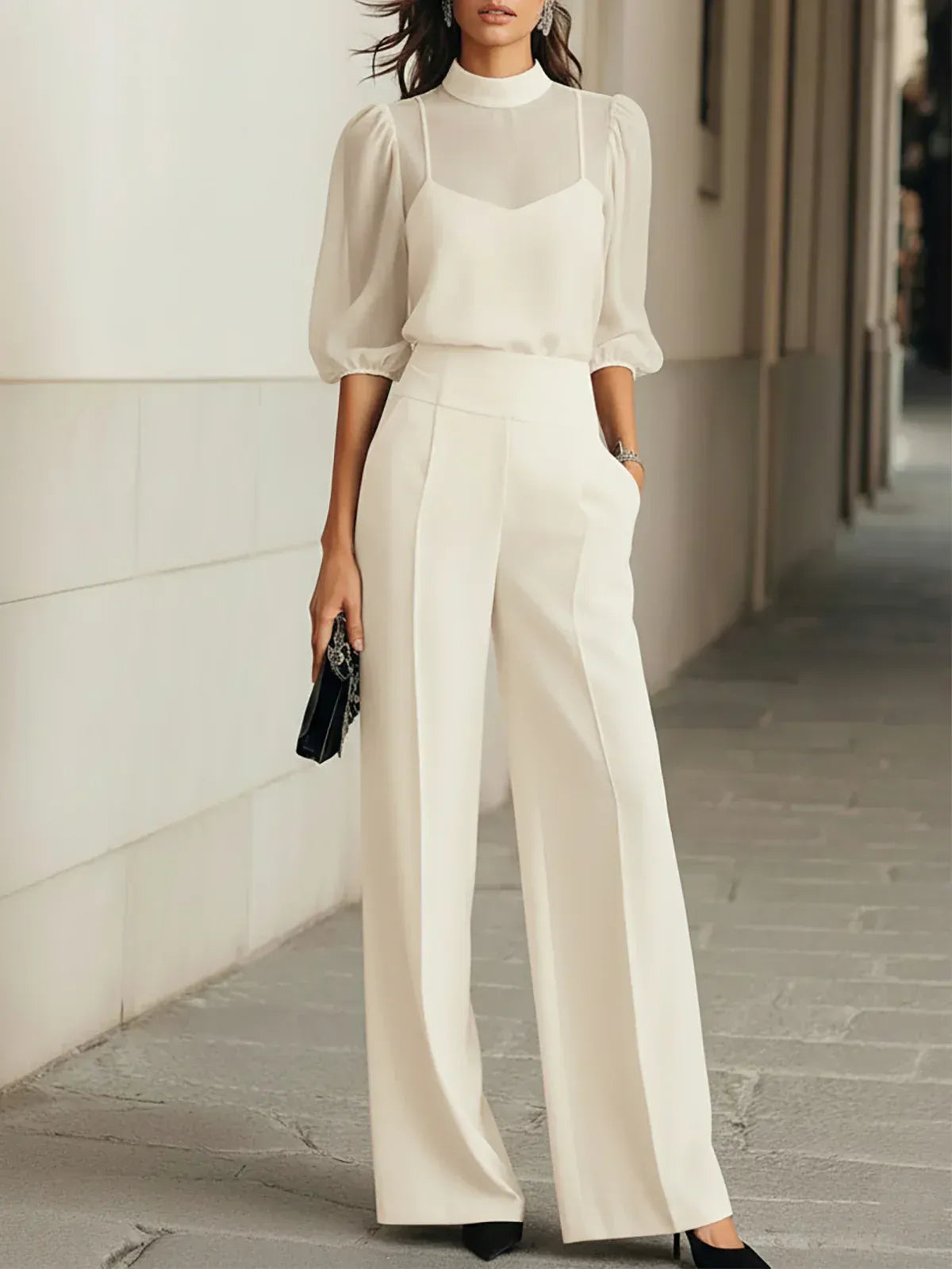 Valéria | Conjunto de Tres Piezas con Top Transparente y Pantalón Ancho