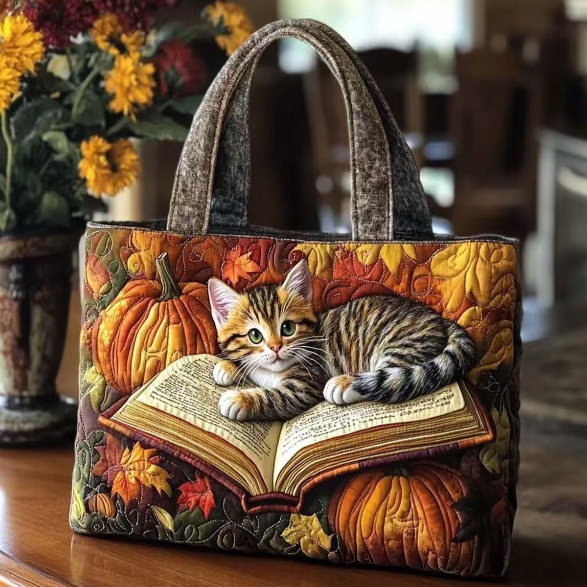 Bolso tote acolchado con gatito sobre libro y calabazas
