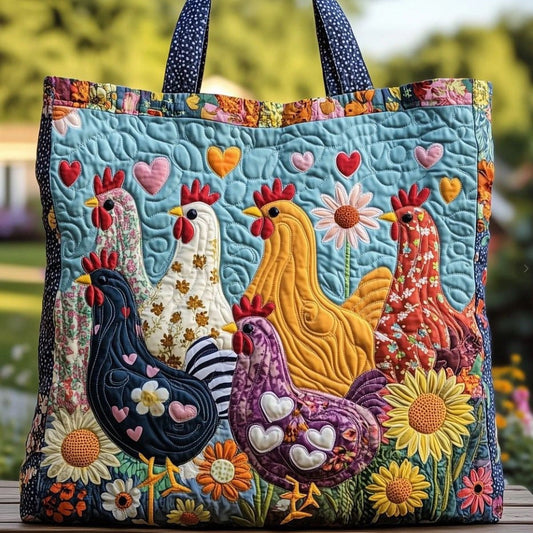 Bolso tote acolchado con gallinas y corazones en verde azulado