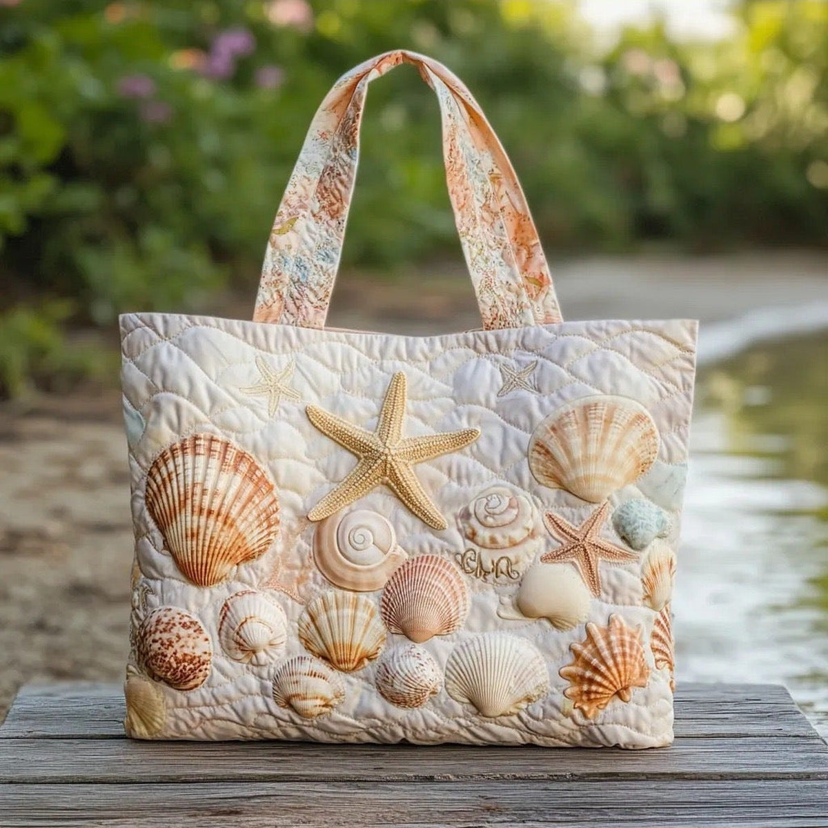 Bolso tote acolchado con conchas y estrellas de mar