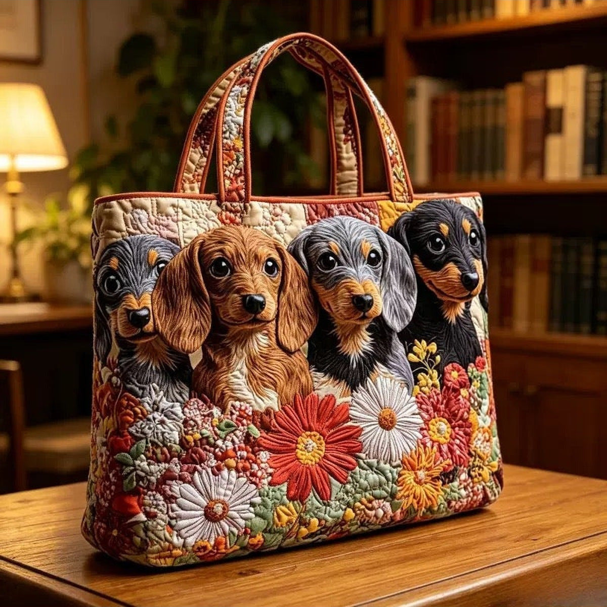 Bolso tote acolchado con cachorros teckel y flores