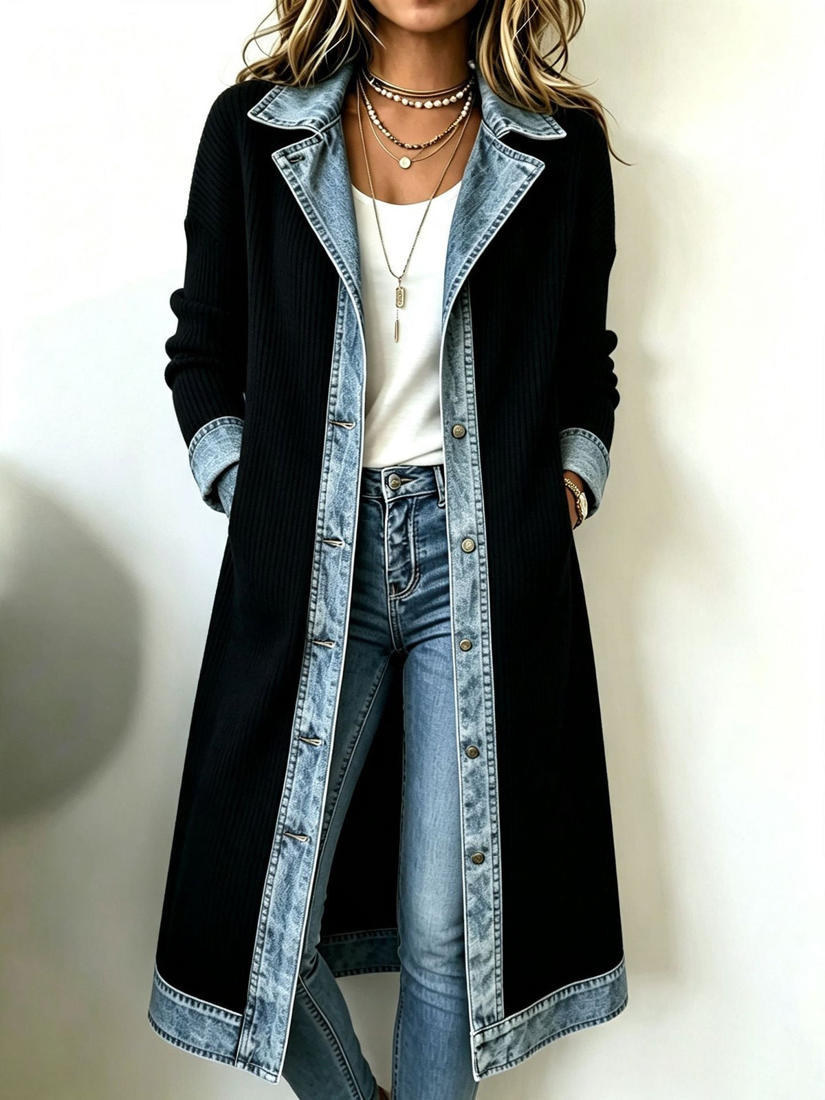 Marga | Chaqueta Larga de Punto Canalé con Detalles Vaqueros