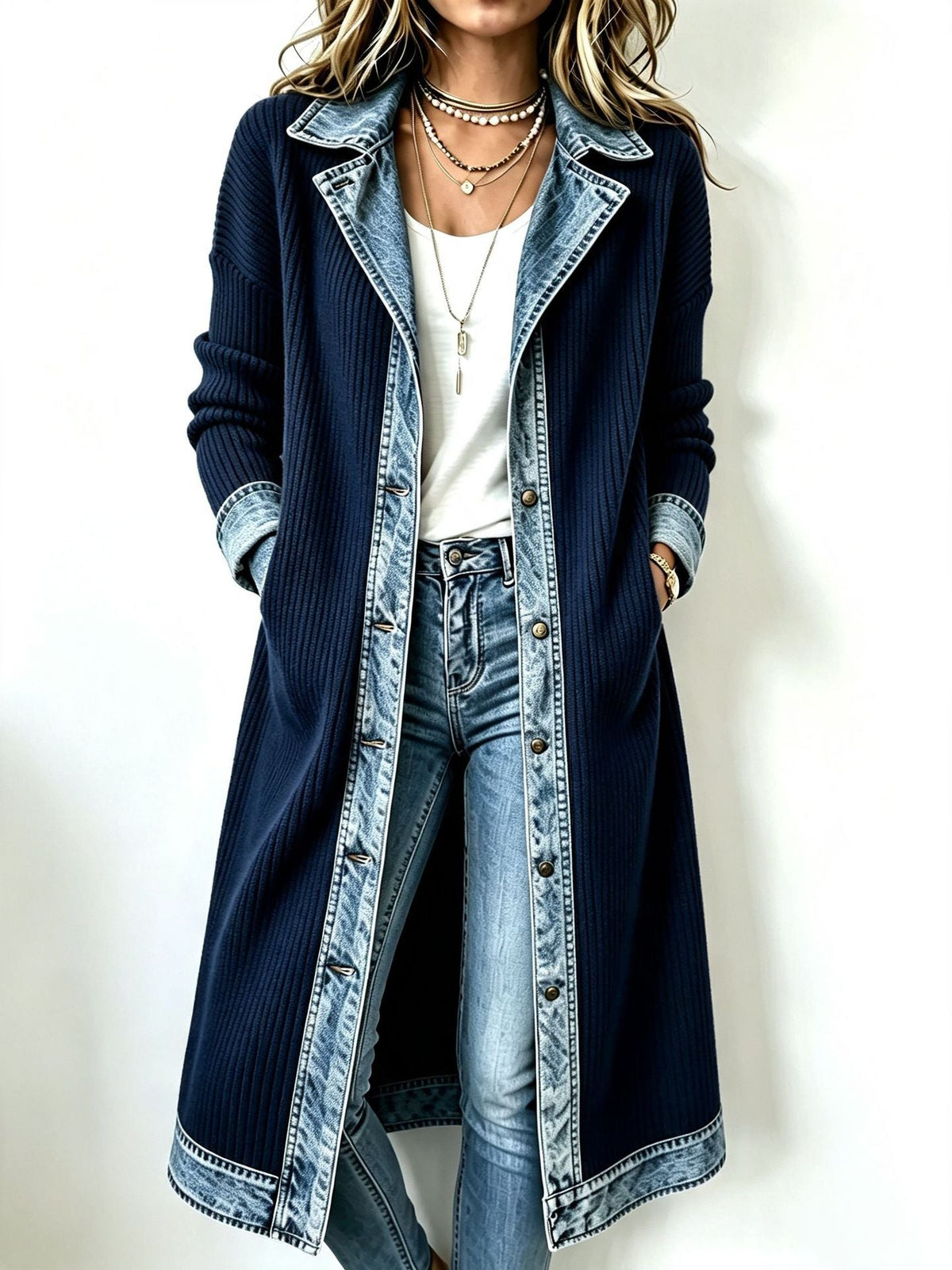 Marga | Chaqueta Larga de Punto Canalé con Detalles Vaqueros