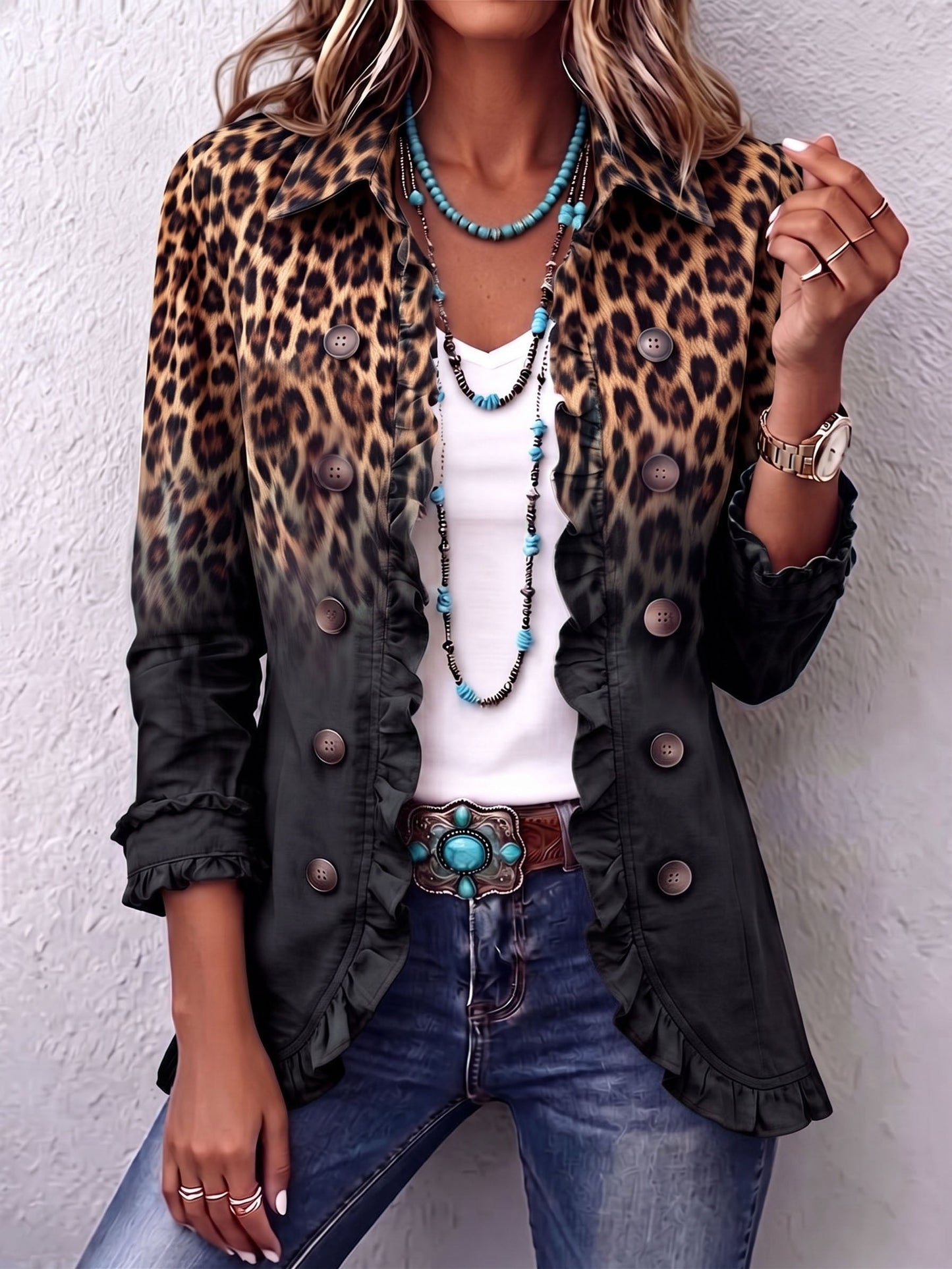 Águeda | Chaqueta Blazer Leopardo Negro con Volantes