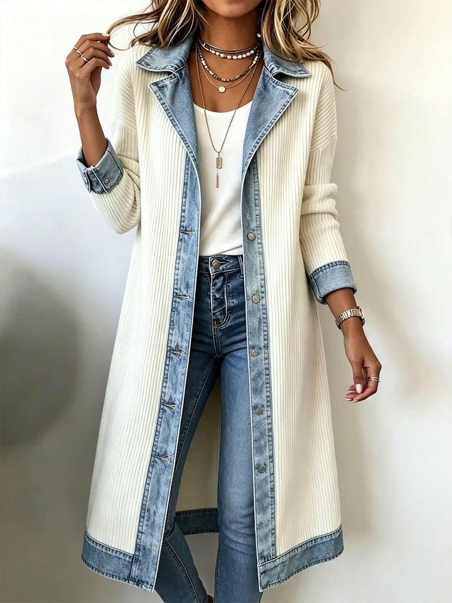 Marga | Chaqueta Larga de Punto Canalé con Detalles Vaqueros