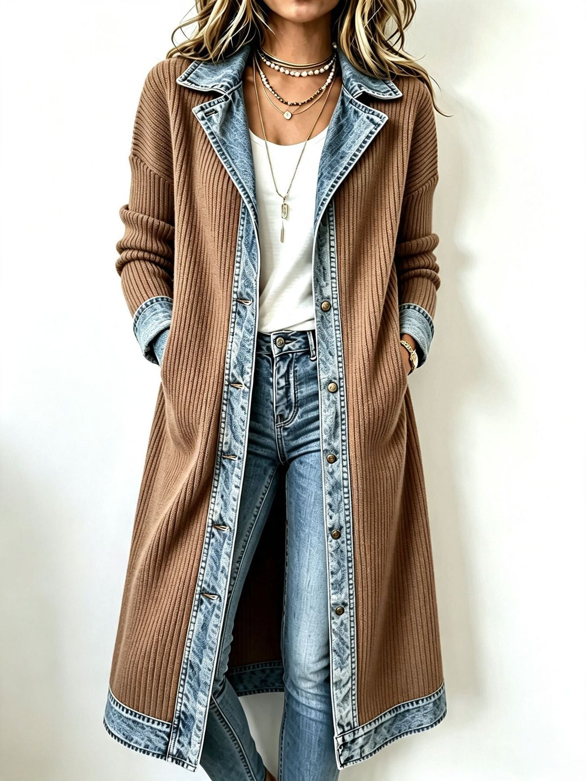 Marga | Chaqueta Larga de Punto Canalé con Detalles Vaqueros