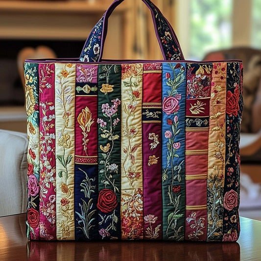 Bolso tote acolchado con libros y flores en burdeos
