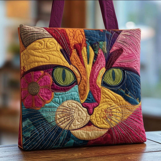 Bolso tote acolchado con gato patchwork