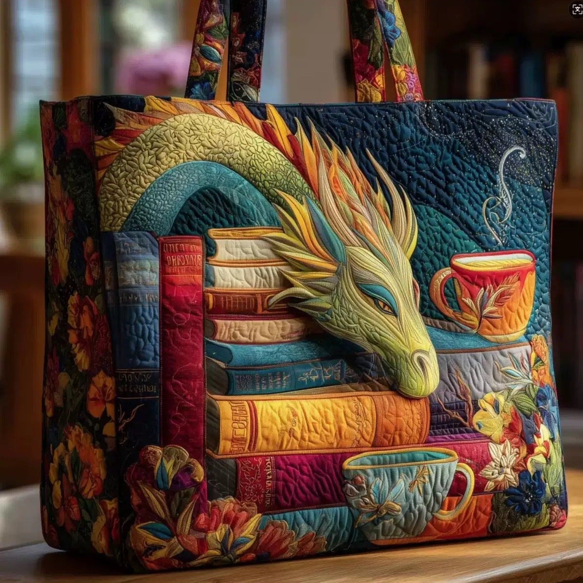 Bolso tote acolchado con dragones y libros