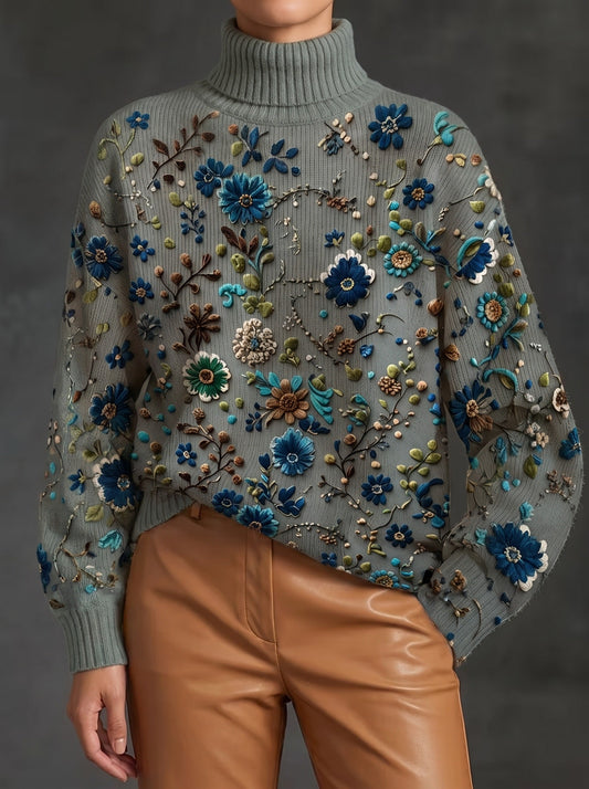 Triana™ | Jersey de Cuello Alto con Flores sobre Verde Salvia