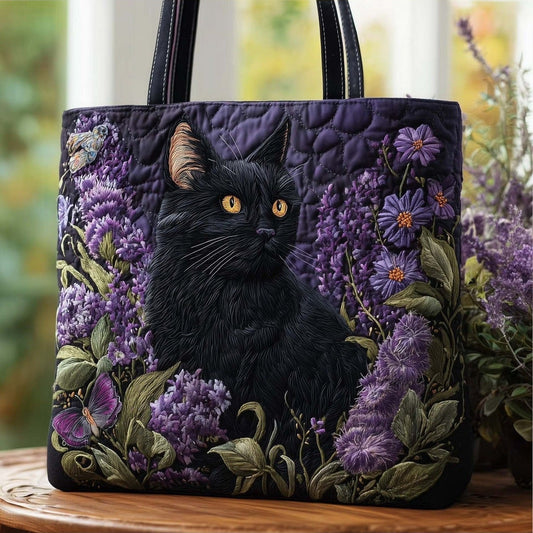 Bolso tote acolchado con gato negro y lilas