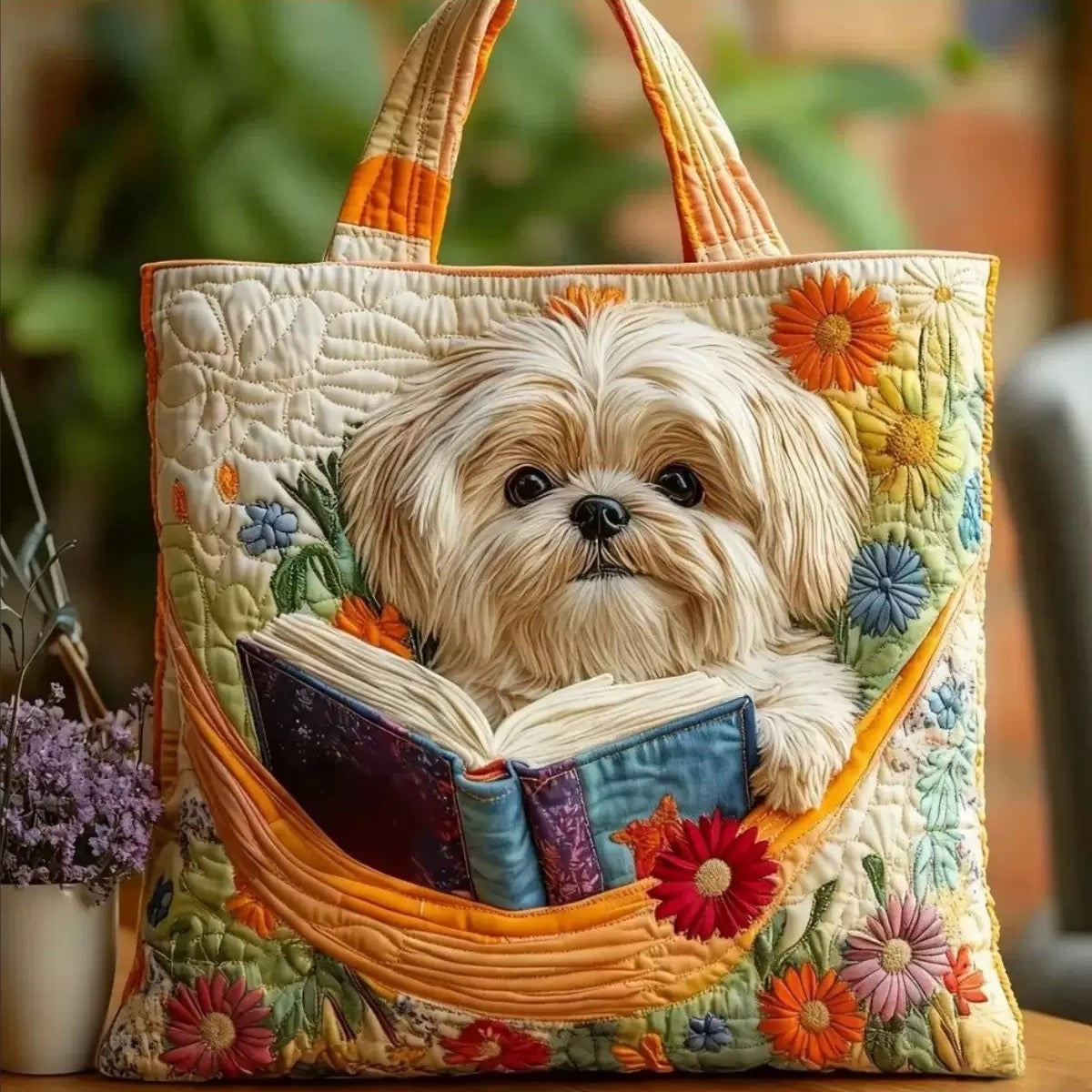 Bolso tote acolchado con shih tzu leyendo en hamaca